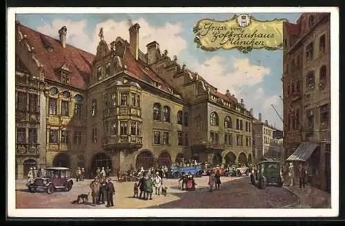 AK Münchner Hofbräuhaus, Aussenansicht mit Passanten