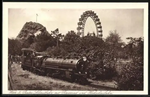 AK Wien, Liliputbahn mit Riesenrad u. Hochschaubahn im Wiener Prater