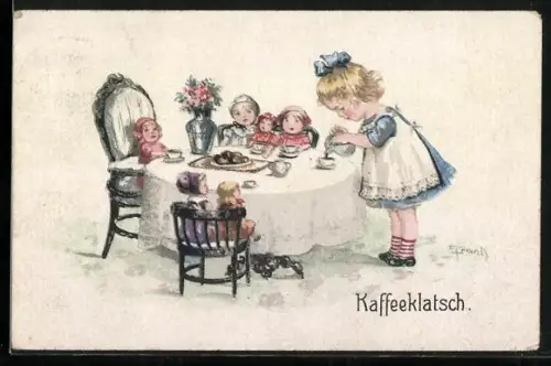 Künstler-AK Elly Frank: Kaffeeklatsch, Mädchen mit ihren Puppen beim Kaffeetrinken