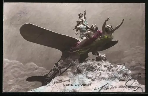 Künstler-AK Domenico Mastroianni: Vers l`Avenir, Fliegende Gestalten und Flugzeug