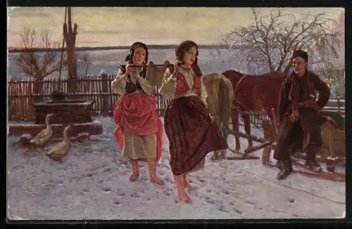 AK Flirt zwischen polnischem Bauern und zwei Mägden im Winter