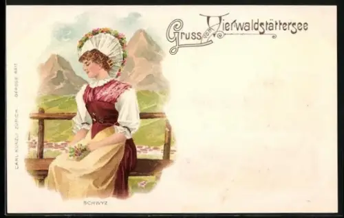 Lithographie Schwyz /Vierwaldstätterse, Frau in Tracht mit Blumen