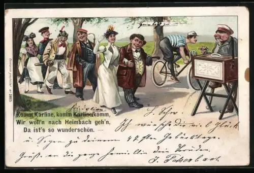 Lithographie Es ist ja Alles da! Gruppe geht nach Kamerun und trifft auf einen Leierkasten-Spieler