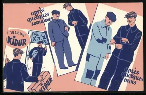 AK Männer in Arbeitskleidung, Reklame für Bleus Kidur