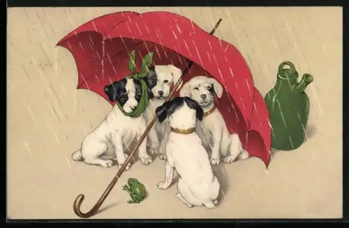 AK Vier kleine Terrier unter einem roten Regenschirm