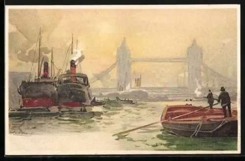 Künstler-AK H. Cassiers: London, Tower Bridge, Barges, Szene auf der Temse mit Dampfschiffen