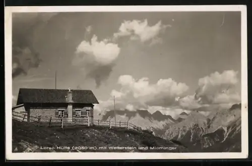 AK Lorea-Hütte, Berghütte gegen Wetterstein u. Miemlager