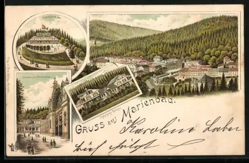 Lithographie Marienbad, Cafe Egerländer, Jagdschloss Glatzen, Kreuzbrunnen-Promenade & Ortsansicht