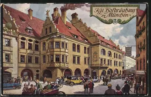 Künstler-AK Fritz Quidenus: Münchner Hofbräuhaus, Strassenszene