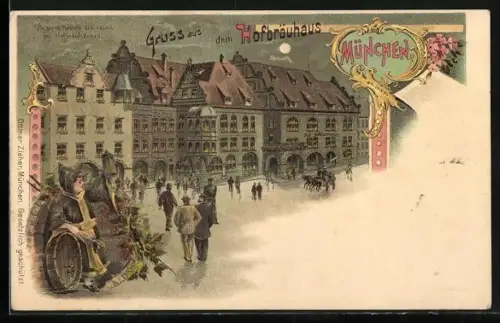 Lithographie München, Gäste vor dem Münchner Hofbräuhaus