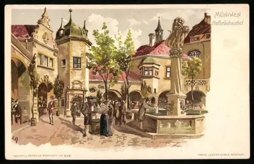 Lithographie Münchner Hofbräuhaus von aussen