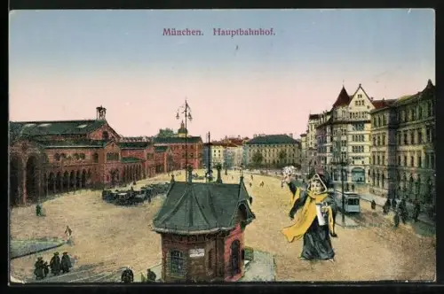 AK München, Strassenbahn vor dem Hauptbahnhof