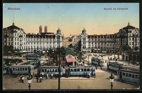 AK München, Rondell am Karlsplatz mit Strassenbahn