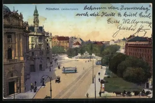 AK München, Ausblick über den Lenbachplatz mit Strassenbahnen und Litfasssäule