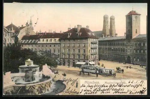 AK München, Maximiliansplatz mit Strassenbahn aus der Vogelschau