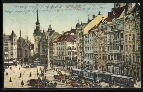 AK München, Marienplatz mit Strassenbahnen