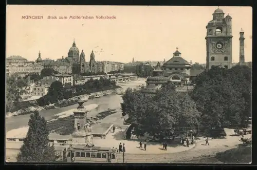 AK München, Blick zum Müller`schen Volksbade, Praterinsel, Strassenbahn