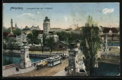 AK München, Ludwigsbrücke mit Volksbad und Strassenbahn