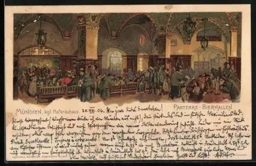 Lithographie München, Münchner Hofbräuhaus, Parterre-Bierhalle