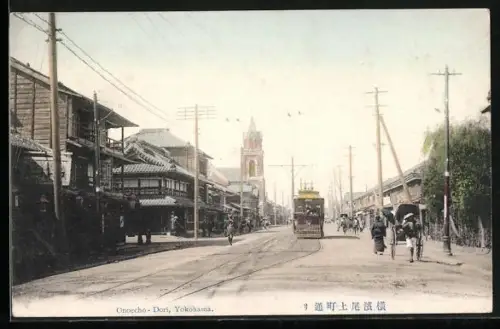 AK Yokohama, Cnoecho-Dori mit Strassenbahn und Rikscha