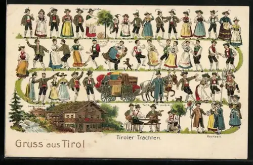 AK Tiroler Trachten bei der Kindtaufe, Schuhplattler, Tanzmusik und Hochzeit