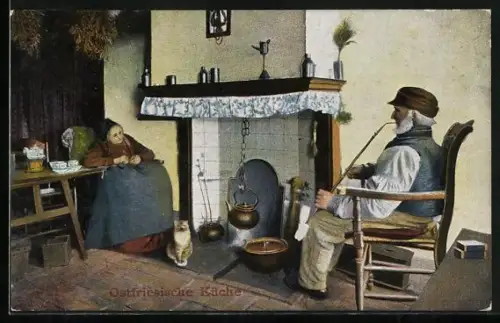AK Ein altes Paar in einer Ostfriesischen Küche, Teekessel