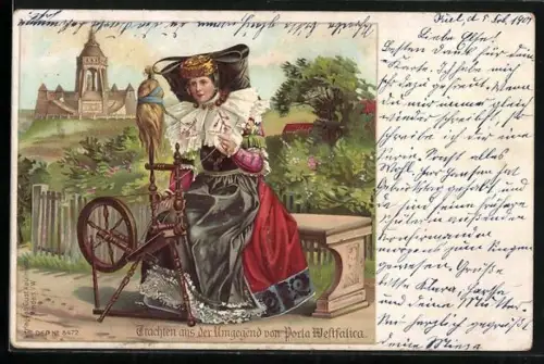 AK Porta Westfalica, Frau mit Spinnrad, Tracht Schaumburg-Lippe