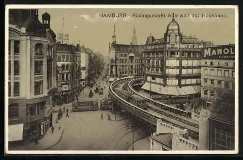 AK Hamburg, Rödingsmarkt, Alsterwall mit Hochbahn, Strassenabhn