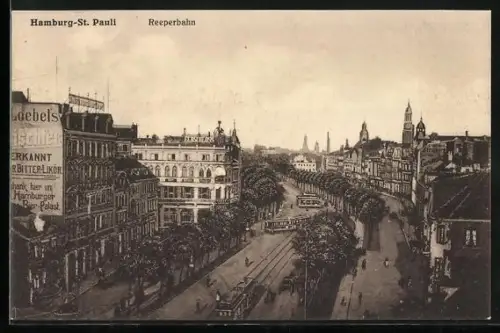 AK Hamburg-St. Pauli, Reeperbahn mit Strassenbahnen
