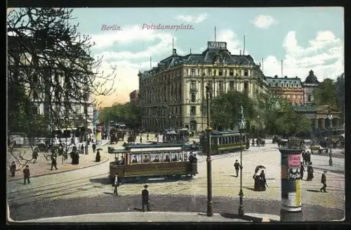 AK Berlin, Potsdamerplatz, Strassenbahn, Litfasssäule