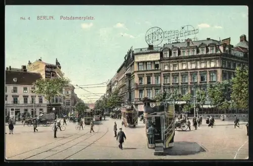 AK Berlin-Tiergarten, Potsdamerplatz mit Passanten Autobussen, Strassenbahnen, Kutschen, Radfahrern