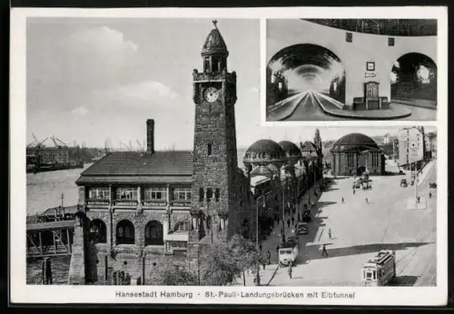 AK Hamburg-St.-Pauli, Landungsbrücken mit Strassenbahn und Elbtunnel