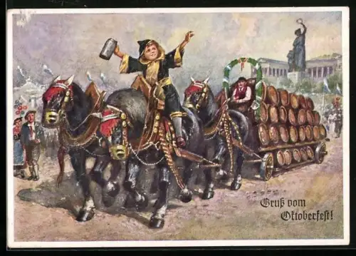 AK Oktoberfest, Münchner Kindl reitet auf einem Pferd des Bierwagens