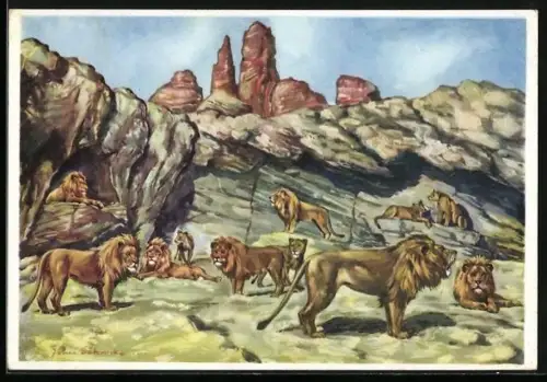 Künstler-AK Hamburg-Stellingen, Carl Hagenbeck`s Tierpark, die offene Löwenschlucht