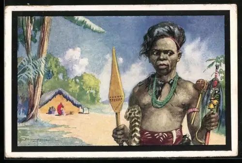 AK Congo, Afrikanischer Tänzer mit Speer und Rassel