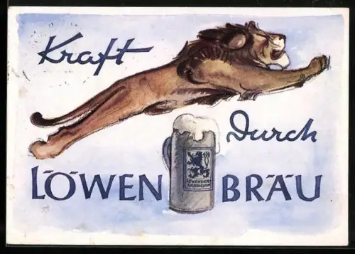 AK Kraft durch Löwenbräu, spingender Löwe u. Bierkrug, Reklamekarte