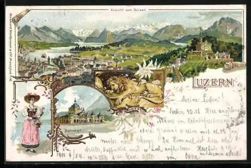 Lithographie Luzern, Ansicht vom Gütsch, Bahnhof