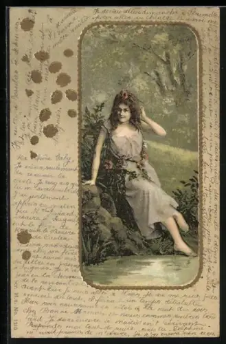 Lithographie Junge Frau sitzt im Wald am Wasser, Jugendstil