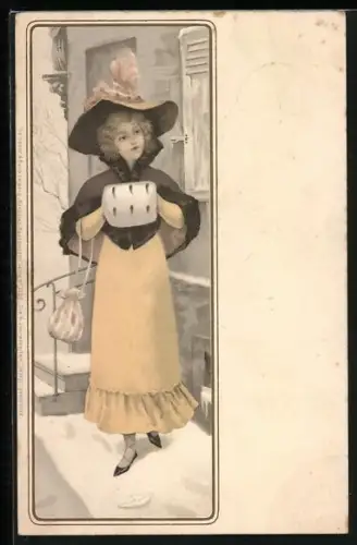 Künstler-AK Meissner & Buch (M&B) Nr. 1053: Jugendstil, Frau mit Muff und Hut vor Haus mit Schnee unter ihren Sandalen