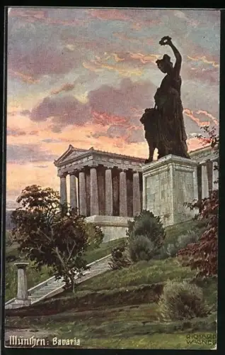 Künstler-AK Richard Wagner: München, die Bavaria bei Dämmerung