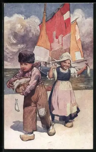 Künstler-AK Karl Feiertag: Holländisches Pärchen mit Fischen im Korb, Im Hintergrund Segelboot