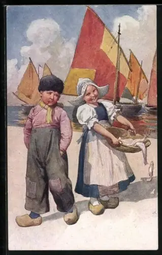 Künstler-AK Karl Feiertag: niederländsiche Kinder mit Fisch am Hafen