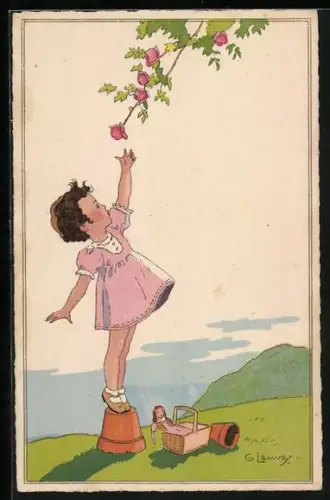 Künstler-AK G. Lauvey: Ein Mädchen reckt sich zu den Rosen hoch, Korb mit Puppe