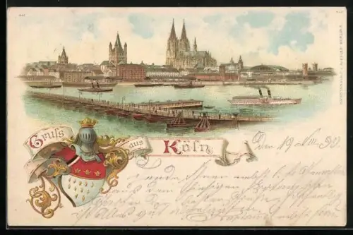 Lithographie Köln, Stadtansicht vom Wasser aus