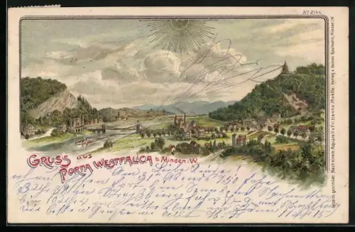 Lithographie Porta Westfalica, Ortsansicht mit Brücke
