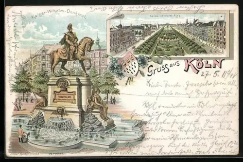 Lithographie Köln-Neustadt, Kaiser Wilhelm Ring, Kaiser Wilhelm Denkmal