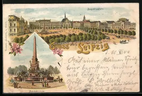 Lithographie Leipzig, Besucher am Mendebrunnen, Blick auf den Augustusplatz