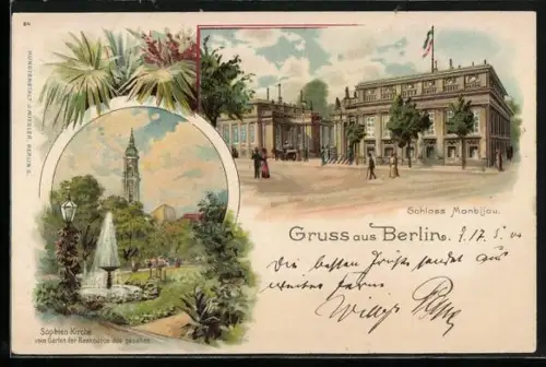 Lithographie Berlin, Schloss Monbijou, Sophienkirche vom Garten der Reichsbank, Jägerstrasse