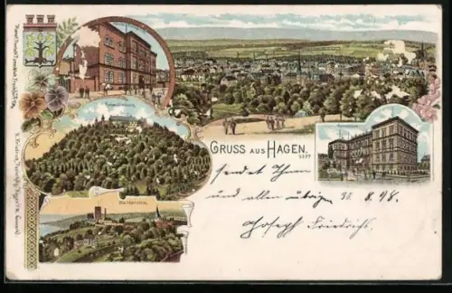 Lithographie Hagen / Westfalen, Hohenlimburg, Blankenstein, Gymnasium, Ortsansicht