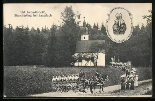 AK Sauerlach, Skt. Anna Kapelle Staucherting, Pilger & Heiligenbild